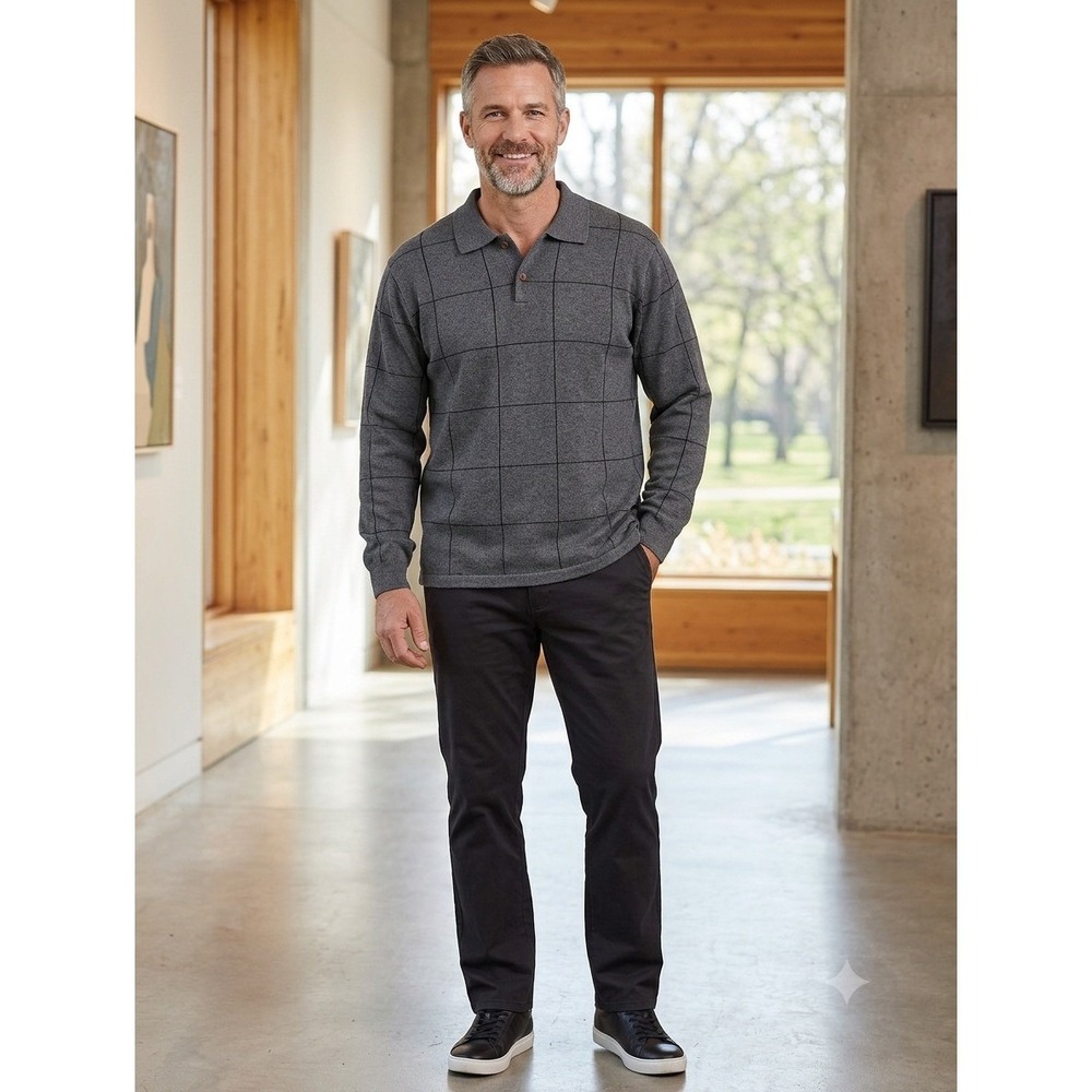 IZOD Mens Large Gray Windowpane Plaid Long Sleeve Cotton Knit Polo Sweater L